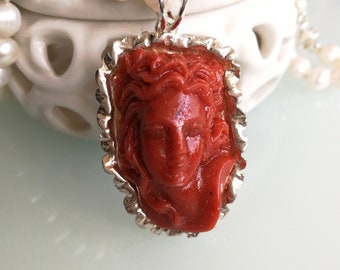 Red coral cameo necklace and white natural pearls. Silver necklace.