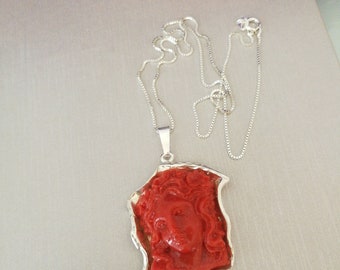 Red coral cameo necklace. Silver necklace.