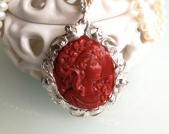 Red coral cameo necklace and white natural pearls. Silver necklace.