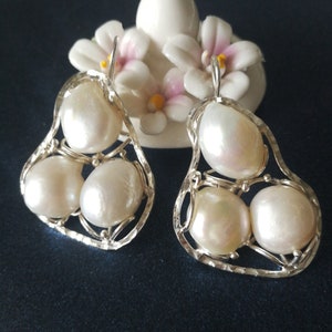 Imperial Baroque Natural Pearl Earrings.Three Pearl Earrings.Silver Earrings.Exclusive Jewelry.