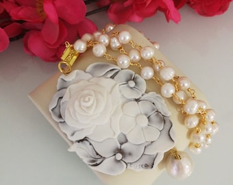 Large flower cameo necklace Romantic cameo necklace, white pearl necklace. Italian craftsmanship.