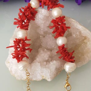 Natural Mediterranean red coral bracelet and natural white baroque pearl.