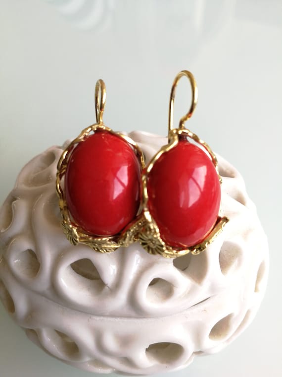 Compound red coral earrings. Silver earrings. Anti