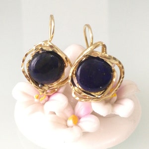 Antique Blue Lapis Lazuli Real Stone Earrings. Vintage Style Handcrafted. Silver Earrings.