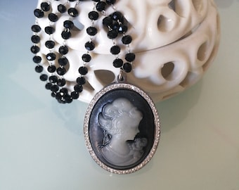 Victorian cameo necklace. Romantic cameo necklace for women. Black crystal necklace. Rosary-style cameo necklace.
