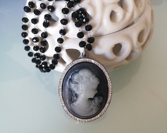 Victorian cameo necklace. Romantic cameo necklace for women. Black crystal necklace.Rosary style cameo necklace.