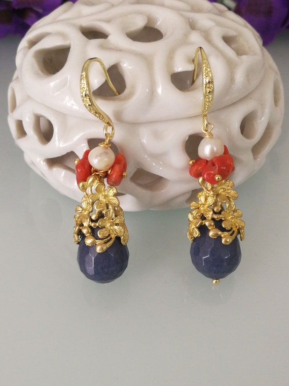 Teardrop blue angelite stone earrings, red coral.… - image 1