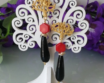 Natural red coral and black onyx stone earrings
