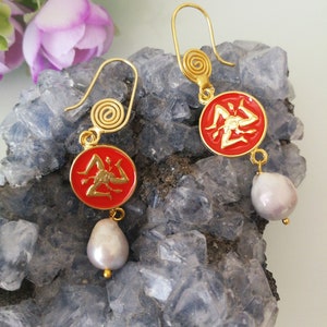 Trinacria Sicily earrings. Sicilian earrings enameled brass. Sicilian jewelry.