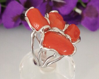 Bague Cocktail En Argent 925 Plaqué Or Avec Corail Rouge Naturel De Sardaigne - Taille Réglable, Neuve étiquetée
