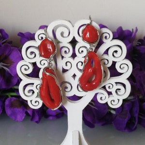 Mediterranean red coral earrings. Silver earrings. Real natural red coral. Ceremony earrings. Italian jewelry.