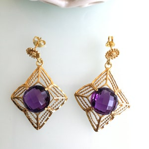 Amethyst Earrings. Gold plated filigree silver earrings, ancient craftsmanship