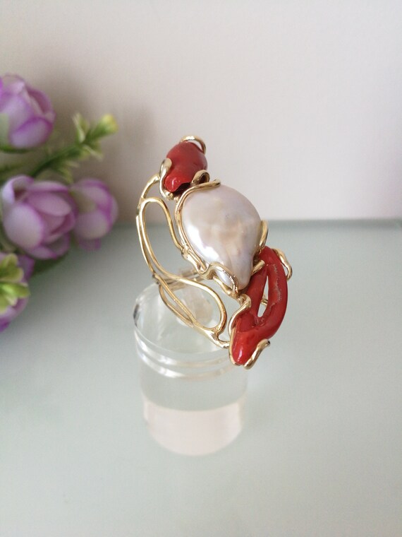 Bague En Argent Avec Corail Rouge Méditerranée Et Perle Baroque Naturelle - Neuf Sans Emballage