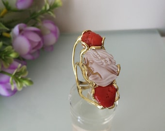 Natural Mediterranean red coral ring. Original cameo ring. Silver ring. Sardonic cameo.