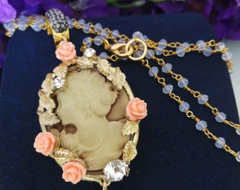 Vintage style cameo necklace with roses and crystals