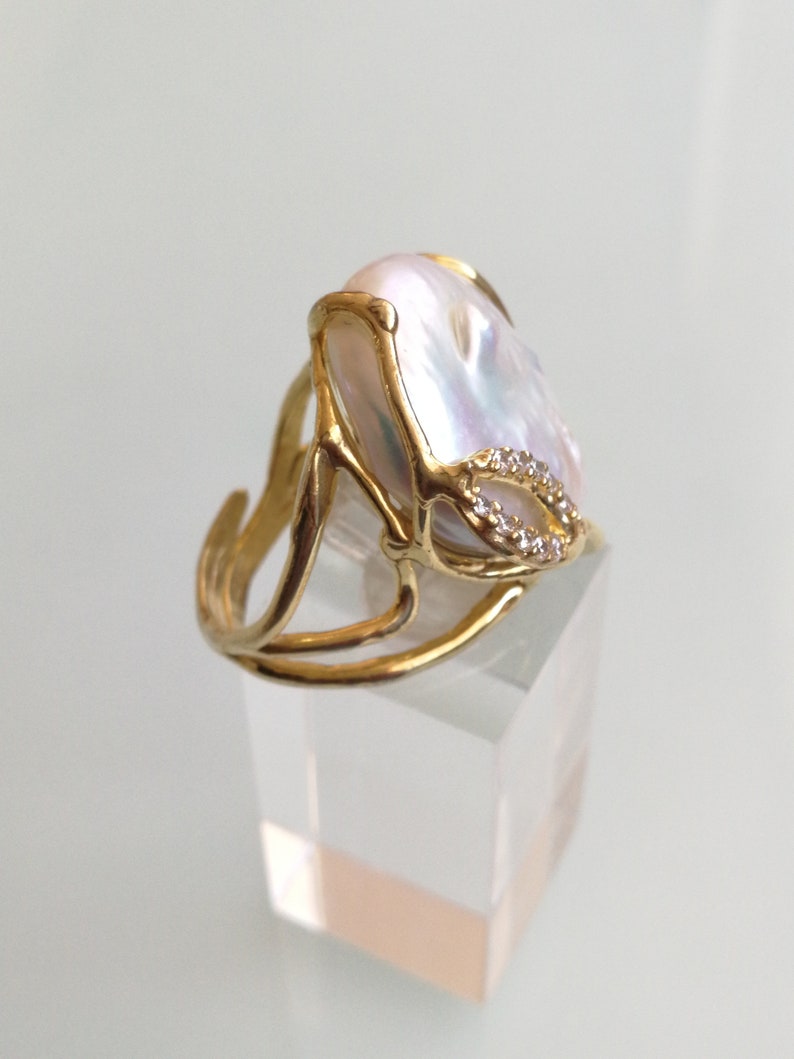 Natural baroque pearl ring. Ring zircons. Silver ring. Etsy