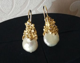 Imperial natural white baroque pearl earrings. Antique earrings. Silver earrings. Antique jewelry.