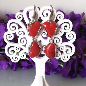 Mediterranean red coral earrings. Silver earrings. Real natural red coral. Ceremony earrings. Italian jewelry.
