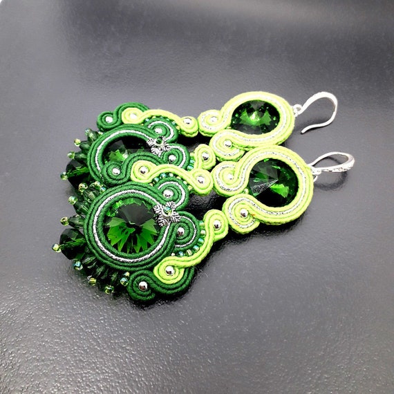 Long big green soutache earrings. Statement handmade earrings | Etsy