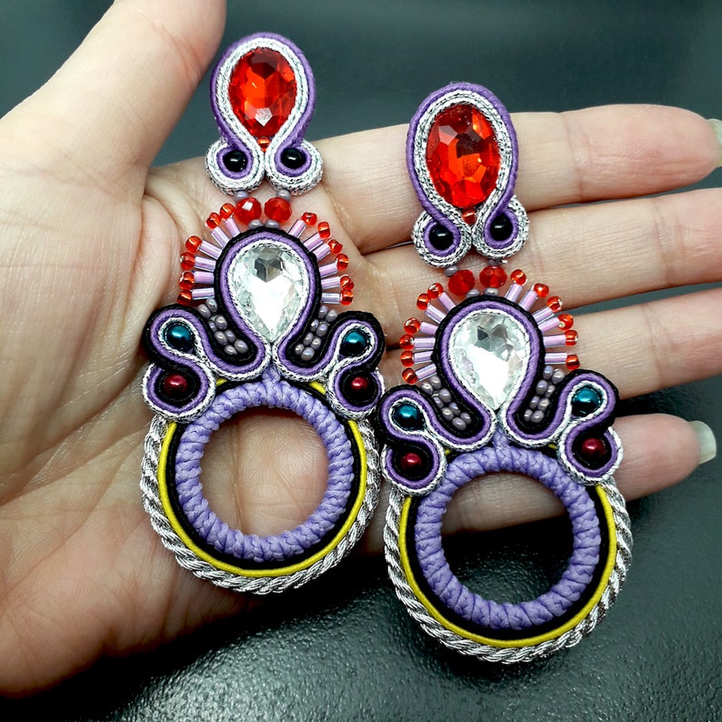 Chandelier dangle soutache big earrings gypsy statement light purple red drop long stud earrings tribal moroccan women ornate carnival gift