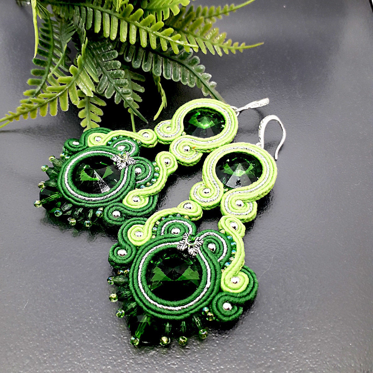 Long big green soutache earrings. Statement handmade earrings | Etsy