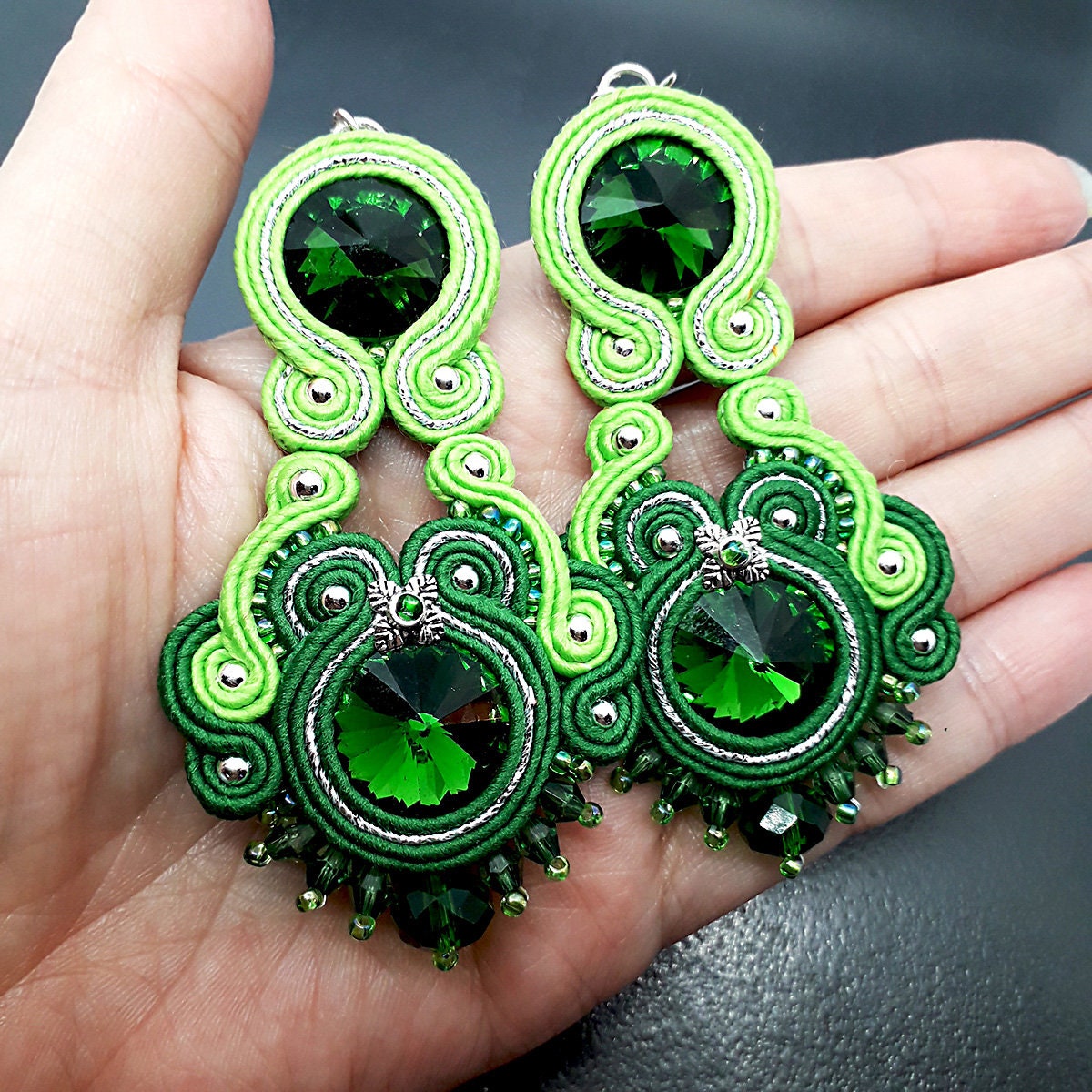 Long big green soutache earrings. Statement handmade earrings | Etsy