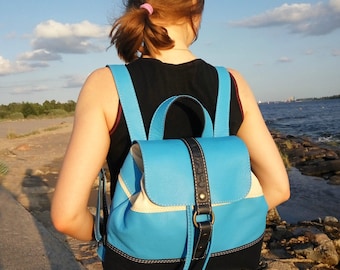 Leather backpack, women backpack, blue backpack, leather rucksack  women, handmade Backpack