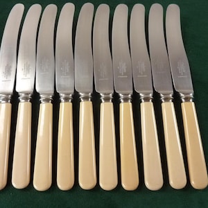 May include: A set of ten stainless steel dinner knives arranged in a row. Each knife features a curved, serrated blade and a smooth, cream-colored handle. The metal blades are engraved with brand text and the word stainless near the bolster.