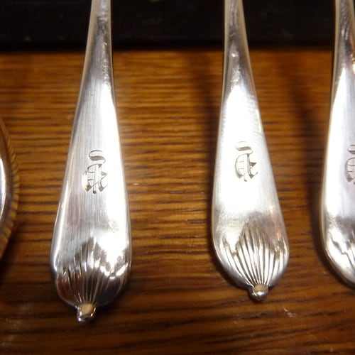 6 shops Nice Vintage Robert Mosley Hallmarked Silver Coffee spoons & Tongs 1923