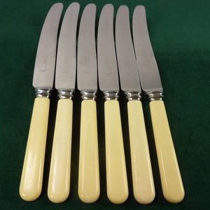May include: Set of six vintage butter knives. Each knife features a stainless steel blade and a cream-colored handle. The handles have a rounded shape and are made of a smooth material. The knives are arranged in a row on a dark green surface.