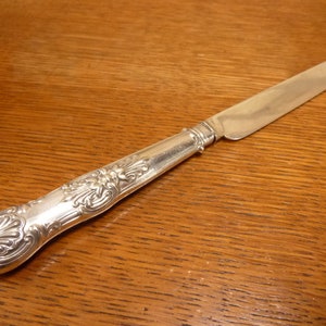 Puede incluir: Un cuchillo de mantequilla de plata con un mango adornado. La hoja es lisa y el mango está decorado con un diseño floral.