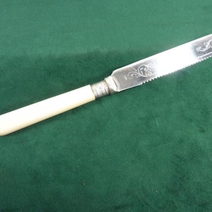 May include: A silver butter knife with a white handle and a serrated edge. The blade has an engraved design.