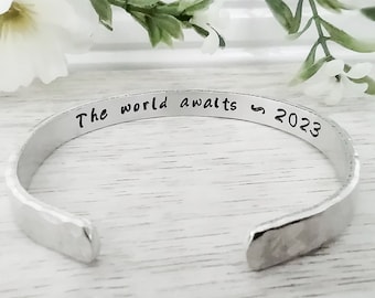 Personalized The World Awaits Bracelet, Graduation Jewelry, Highschool or College Grad Gift, Name and Year