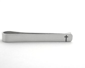 Cross Tie Clip Personalized with a Hidden Date or Name, Gift for a Mans Baptism, Confirmation Tie Clip