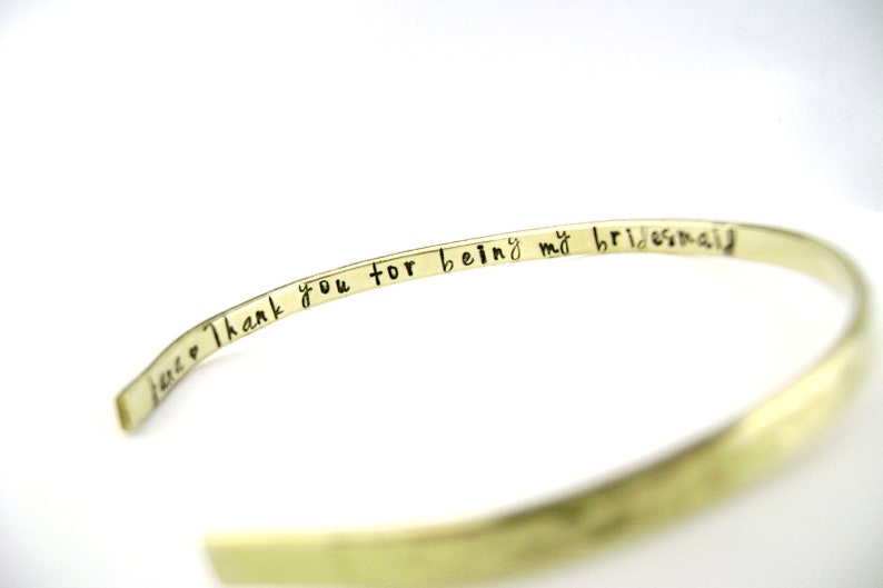 Bridesmaid Gift, Thank You For Being My Bridesmaid Personalized Bracelet, Gold Brass Hidden Message Cuff with Names image 1