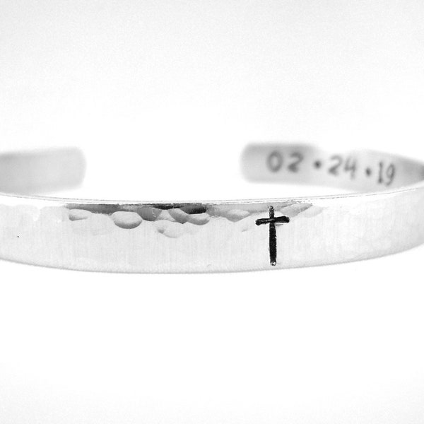 Minimalist Cross Bracelet, Personalized Gift for Adult or Teen Baptism, Confirmation,  Christian Jewelry, Aluminum or Sterling Silver Cuff