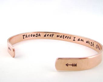 Through Deep Waters I Am With You Copper Bracelet, Isaiah 43:2 Hidden Message Scripture Cuff, Christian Bracelet with Encouraging Verse
