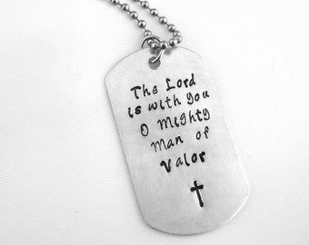 Scripture Necklace for Men, The Lord Is With You O Mighty Man of Valor Judges 6:12 Christian Police Military Jewelry Dog Tag with Cross