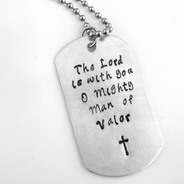 Scripture Necklace for Men, The Lord Is With You O Mighty Man of Valor Judges 6:12 Christian Police Military Jewelry Dog Tag with Cross