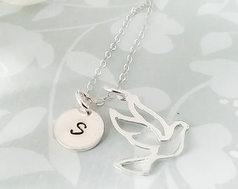 Silver Dove with Tiny Initial Disc, Confirmation Necklace, Personalized Christian Jewelry, Adult Baptism Gift for Woman, Daughter