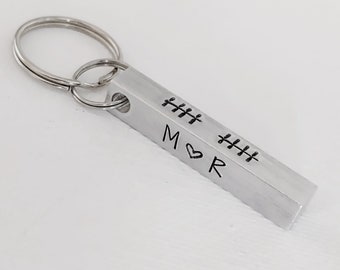 10th Anniversary Tally Marks Keychain, Traditional Tin Gift, Personalized Number of Hash Marks on 4 Sided Metal Bar, 1.5" Long