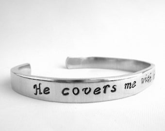 Psalm 91:4 He Covers Me with His Feathers, Christian Bracelet Stamped with Comforting Bible Verse, Scripture Jewelry for Difficult Times