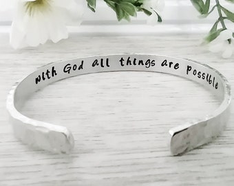 With God All Things are Possible, Matthew 19:26 Hidden Message Bracelet, Bible Verse Jewelry in Aluminum or Sterling Silver