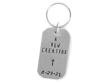 A New Creation Keychain, Adult Baptism Gift, 2 Corinthians 5:17, Silver Metal Stamped Keyring with Baptized Date
