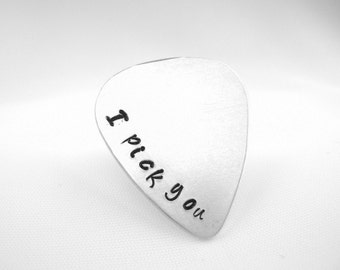 I Pick You Metal Guitar Pick, Music Gift for Husband or Girlfriend, Hand Stamped Plectrum