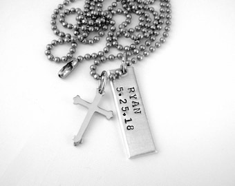 Confirmation Necklace for Men, Cross and Pendant Personalized with Name and Date, Gift for Baptism