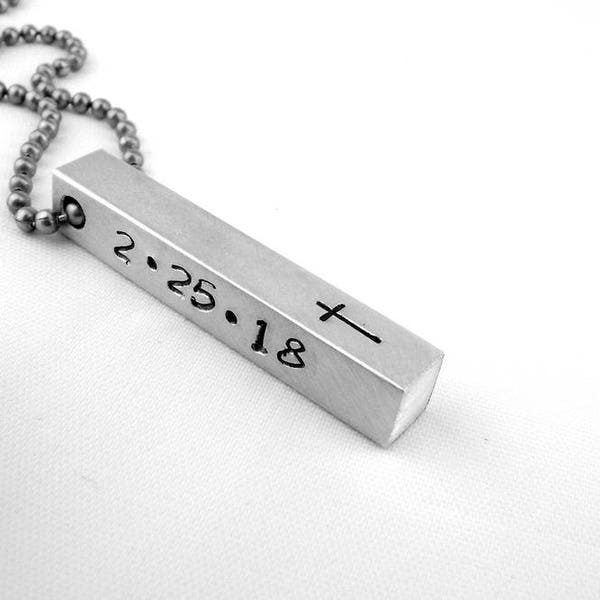 Baptism or Confirmation Gift for Teen, 4 Sided Bar Keychain or Necklace with Cross and Date, Personalized Adult Baptism Gift
