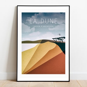 Poster e illustrazione della Dune du Pilat, bacino di Arcachon, Bordeaux, Francia