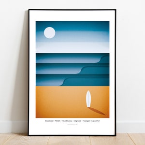 Poster di surf e spiagge delle Landes - Illustrazione del surf - Biscarrosse, Seignosse, Hossegor, Capbreton