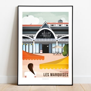 Cartel Place des Marquises y Halles d'Arcachon. Cartel Bassin d'Arcachon
